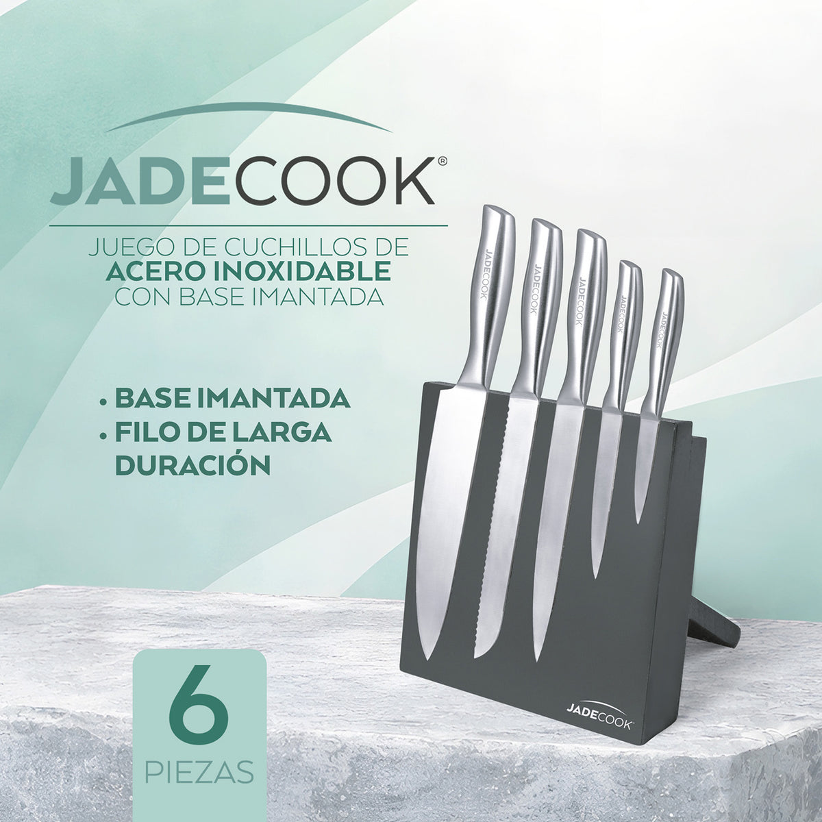 Juego de Cuchillos de Acero Inoxidable Jade Cook con Base Imantada 6 Piezas