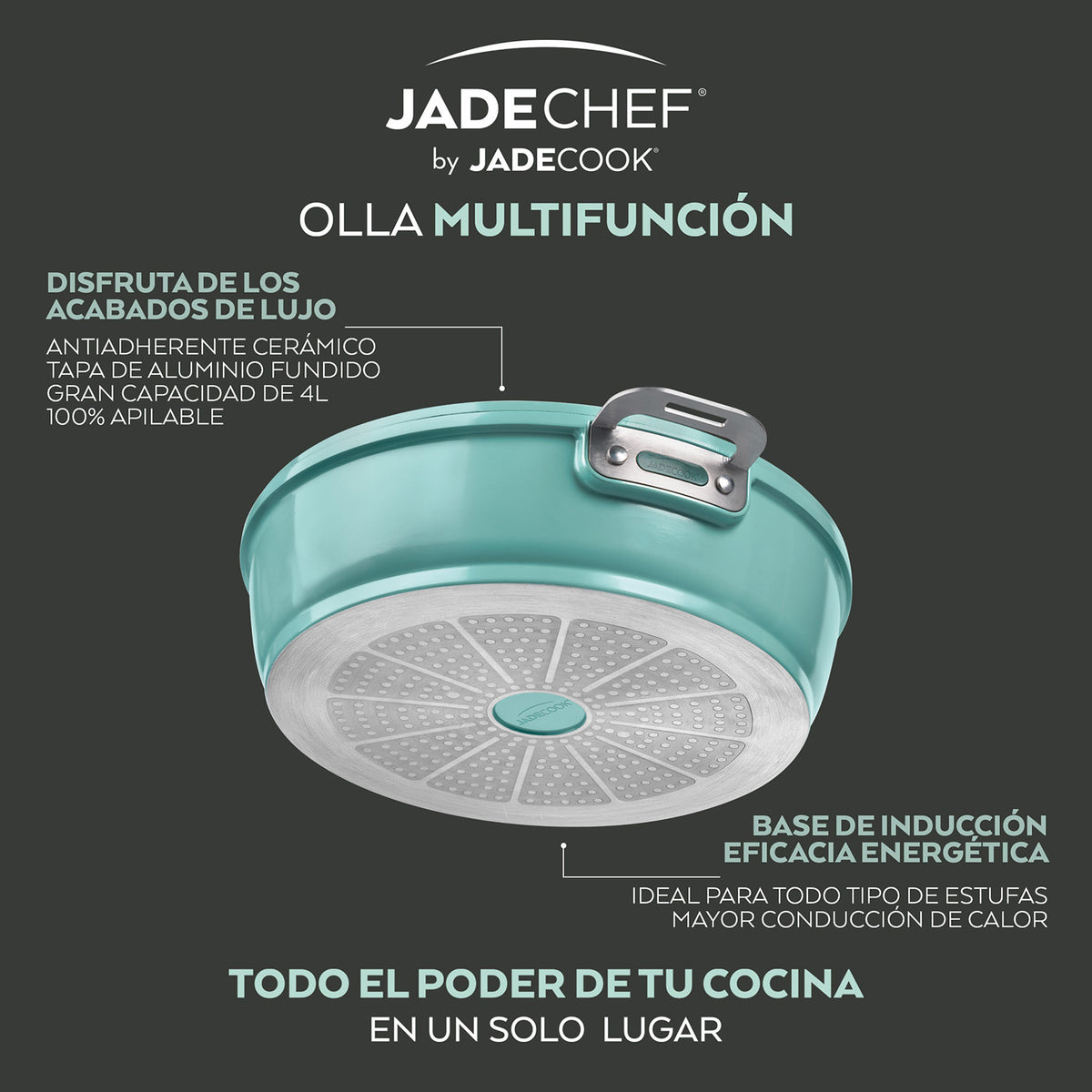 Olla Multifunción Jade Chef 7 Piezas - Antiadherente Cerámico con Base de Inducción (28 cm / 4 L)