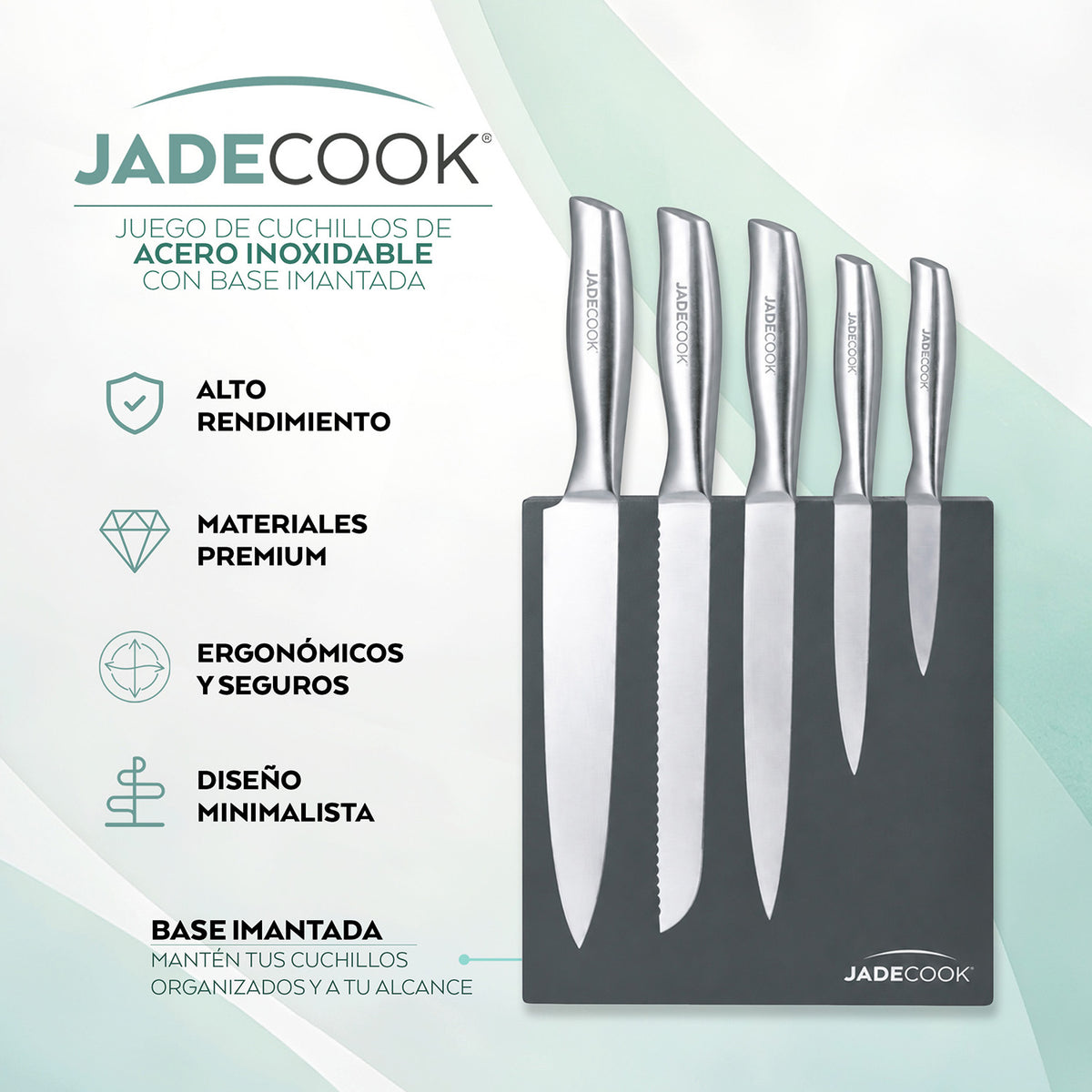 Juego de Cuchillos de Acero Inoxidable Jade Cook con Base Imantada 6 Piezas