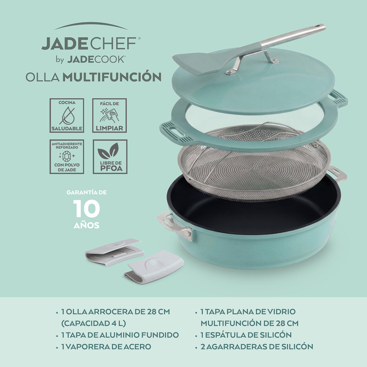 Olla Multifunción Jade Chef 7 Piezas - Antiadherente Cerámico con Base de Inducción (28 cm / 4 L)