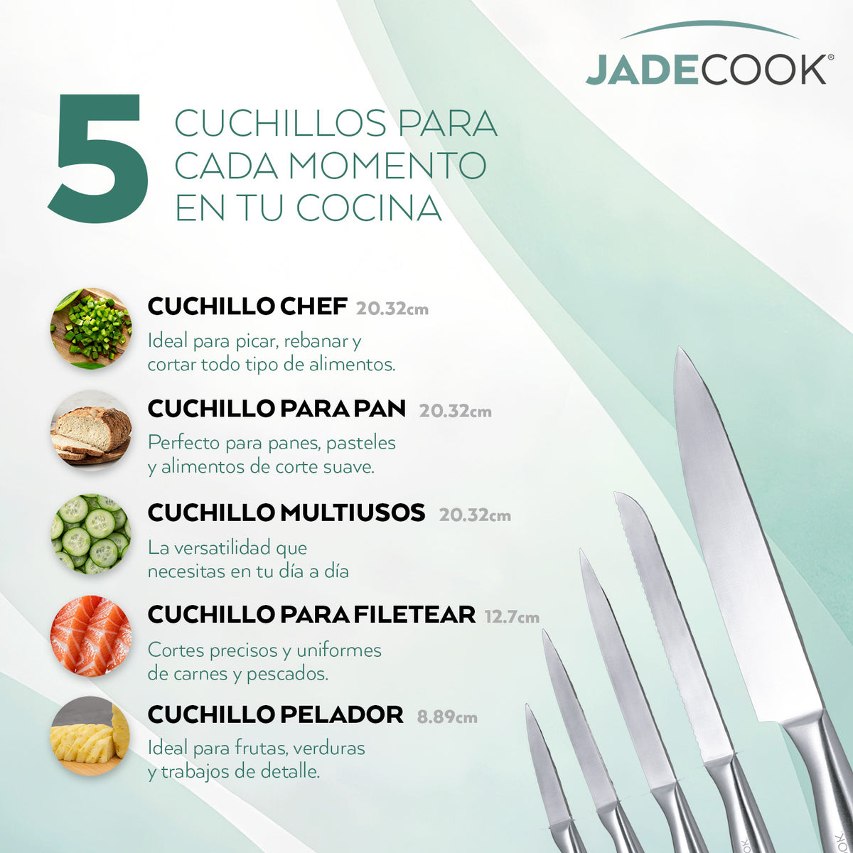 Juego de Cuchillos de Acero Inoxidable Jade Cook con Base Imantada 6 Piezas