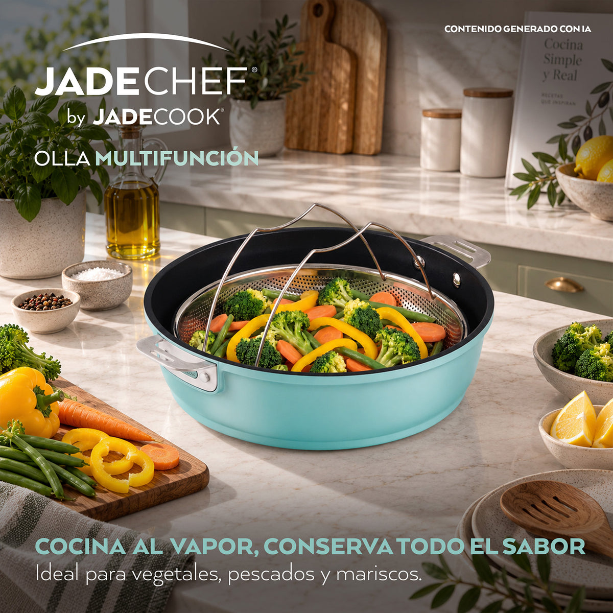 Olla Multifunción Jade Chef 7 Piezas - Antiadherente Cerámico con Base de Inducción (28 cm / 4 L)