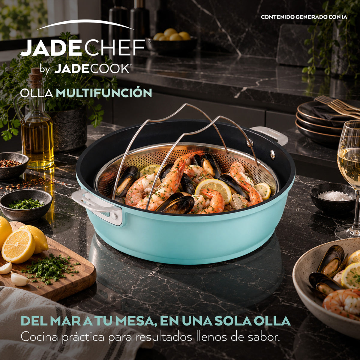 Olla Multifunción Jade Chef 7 Piezas - Antiadherente Cerámico con Base de Inducción (28 cm / 4 L)