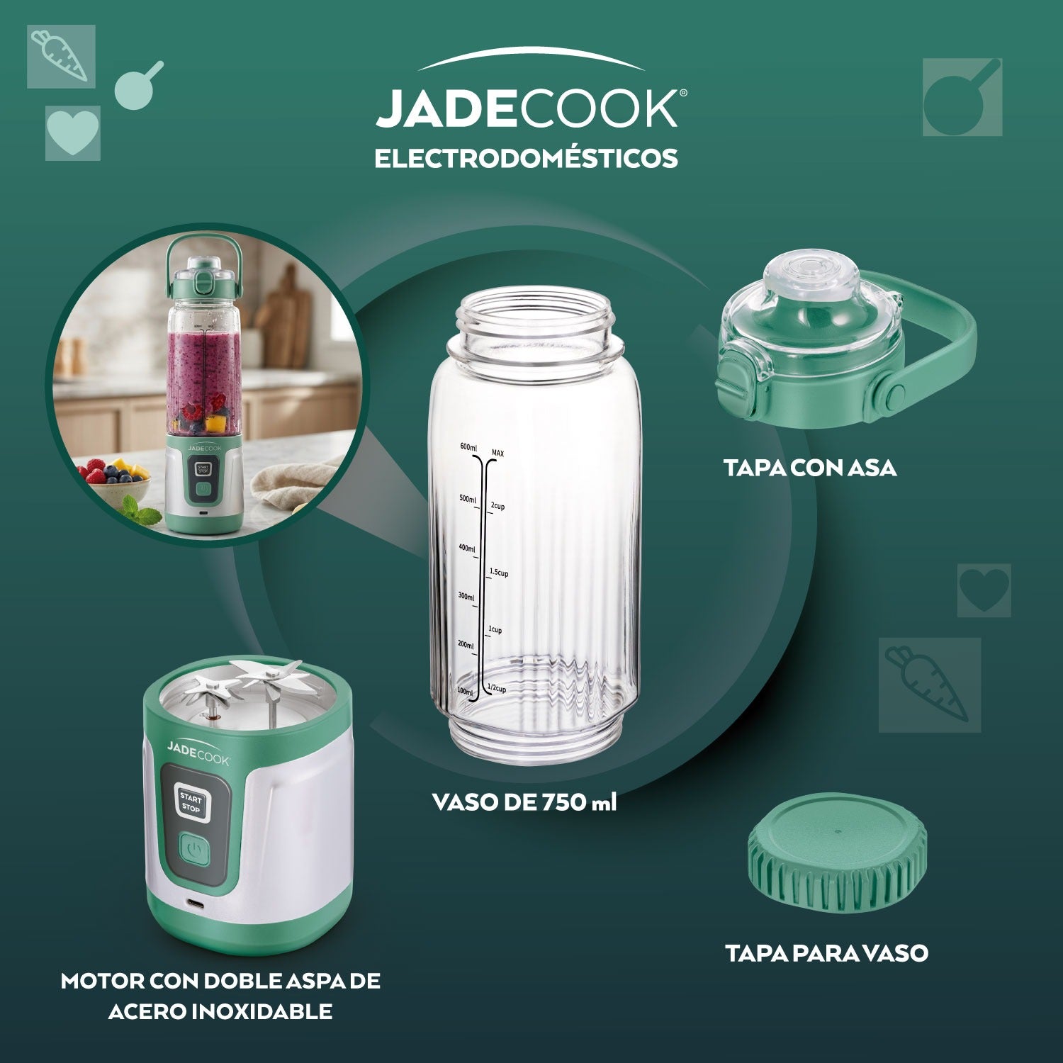 Licuadora portátil Doble Aspa Jade Cook 750 ml