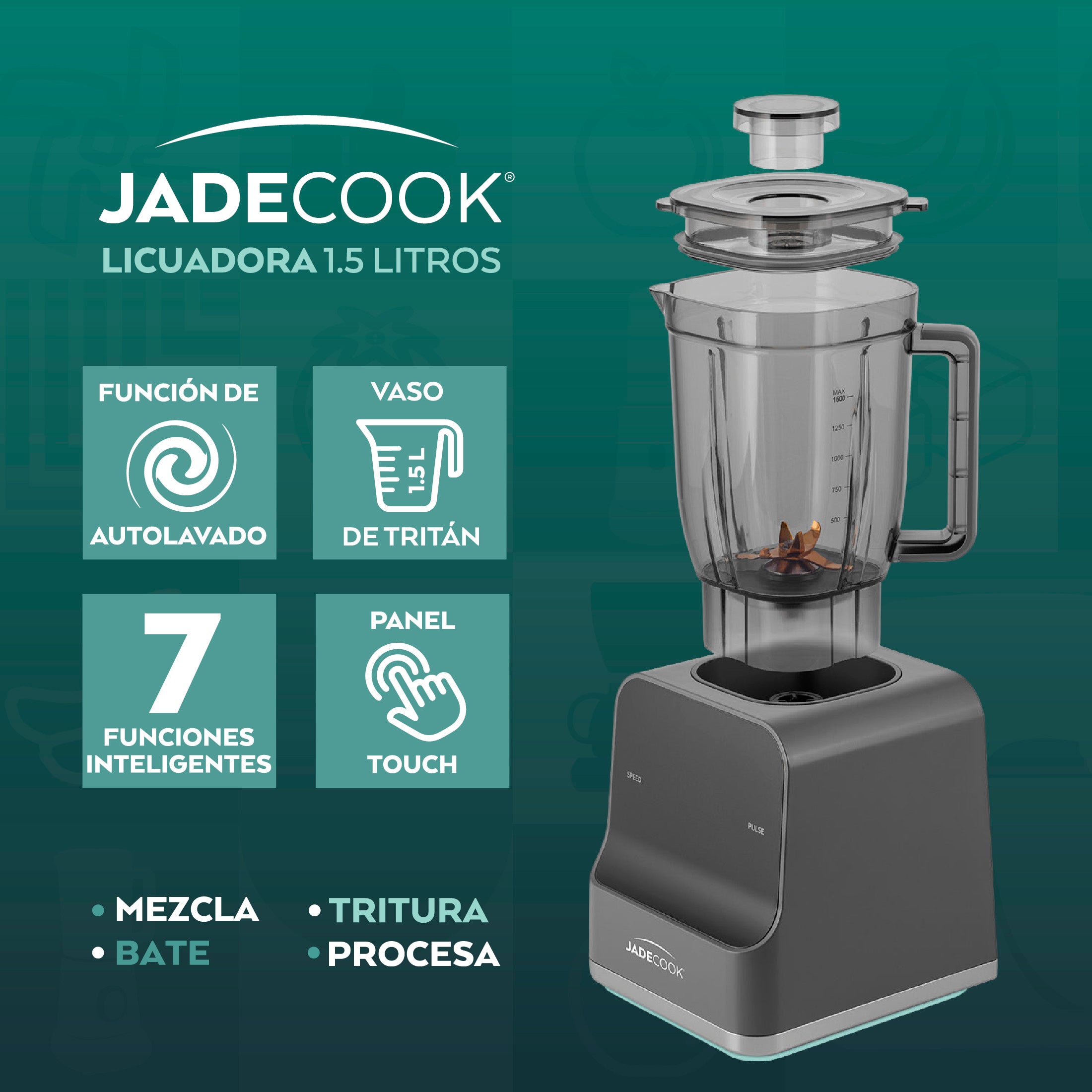 Licuadora Tritán 1000 w con Panel Touch 1.5L Jade Cook
