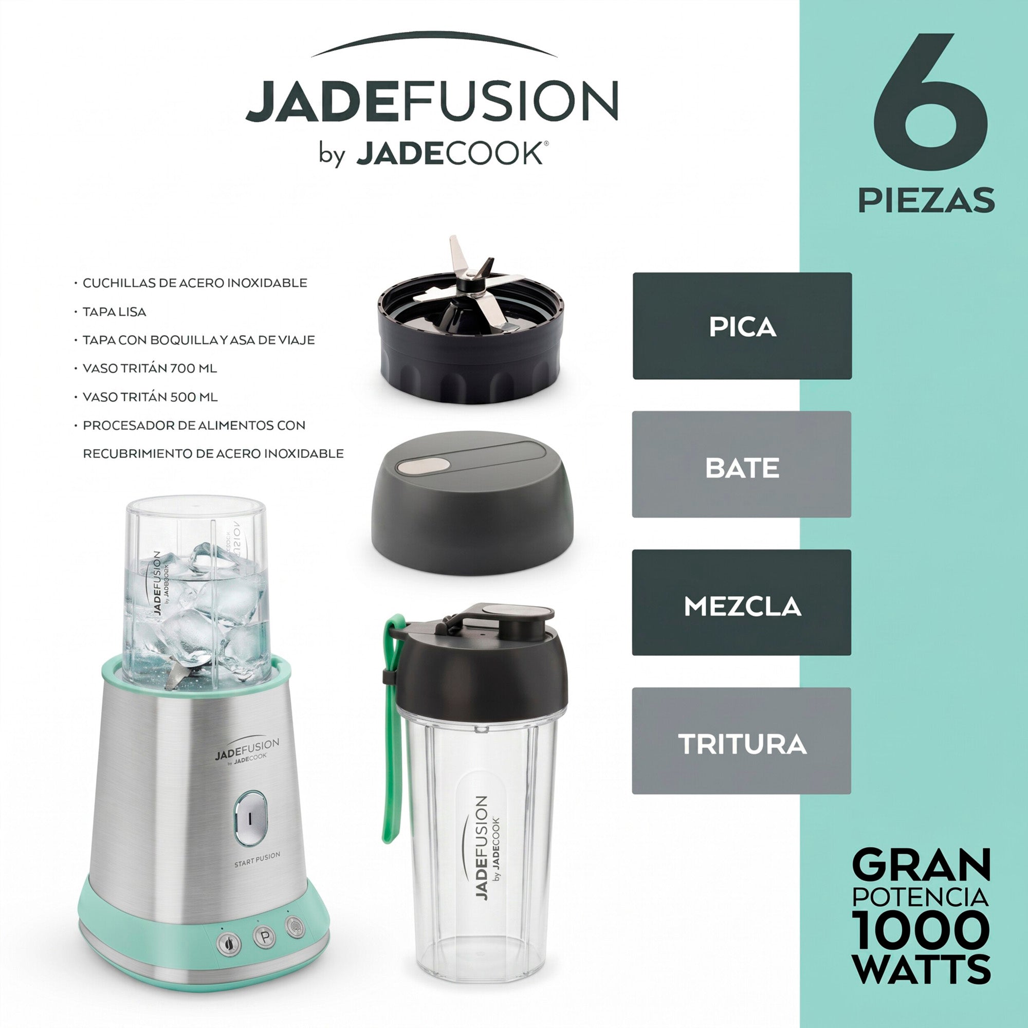 Jade Fusion 1000 watts 6 piezas | Licuadora Procesador de alimentos