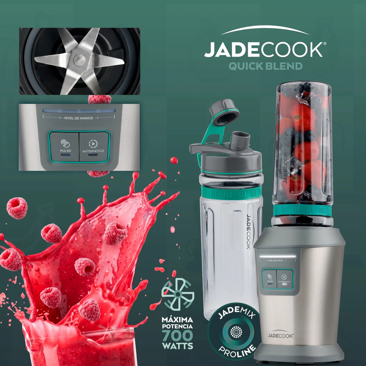 Licuadora Personal JadeCook Quick Blend 700W con Vasos Portátiles Easy Go
