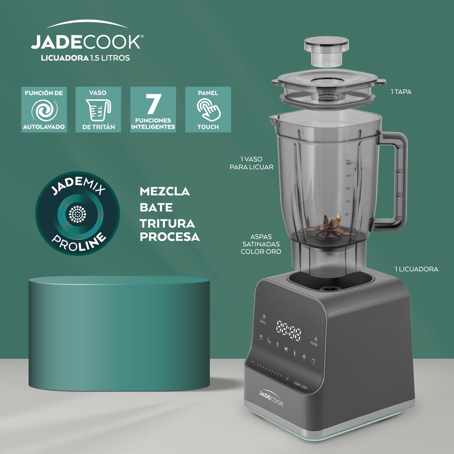 Licuadora Tritán 1000 w con Panel Touch 1.5L Jade Cook