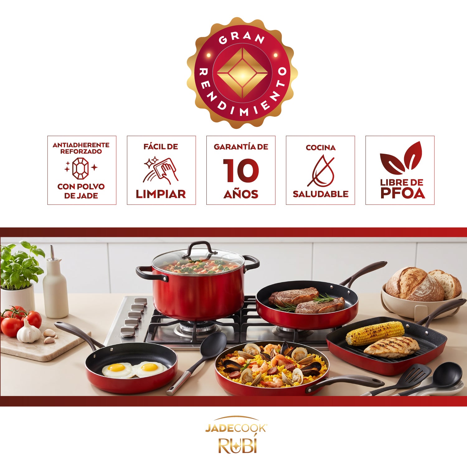 Bateria De Cocina Jade Cook Modelo Jade Rubí 10 Pz Antiadherente