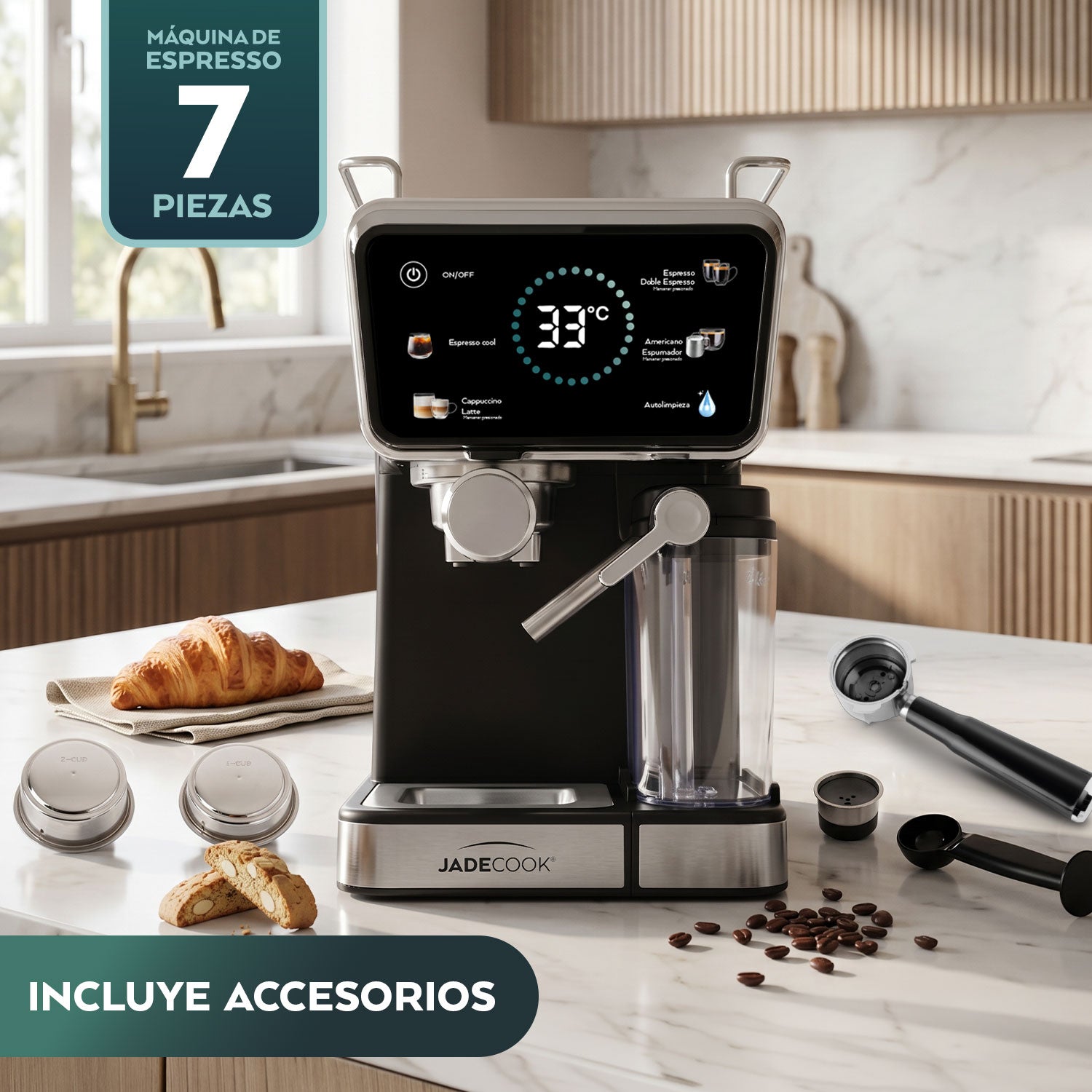 Máquina de espresso Digital Pro Jade Cook | Panel digital, espumador de leche, 20 bares de presión