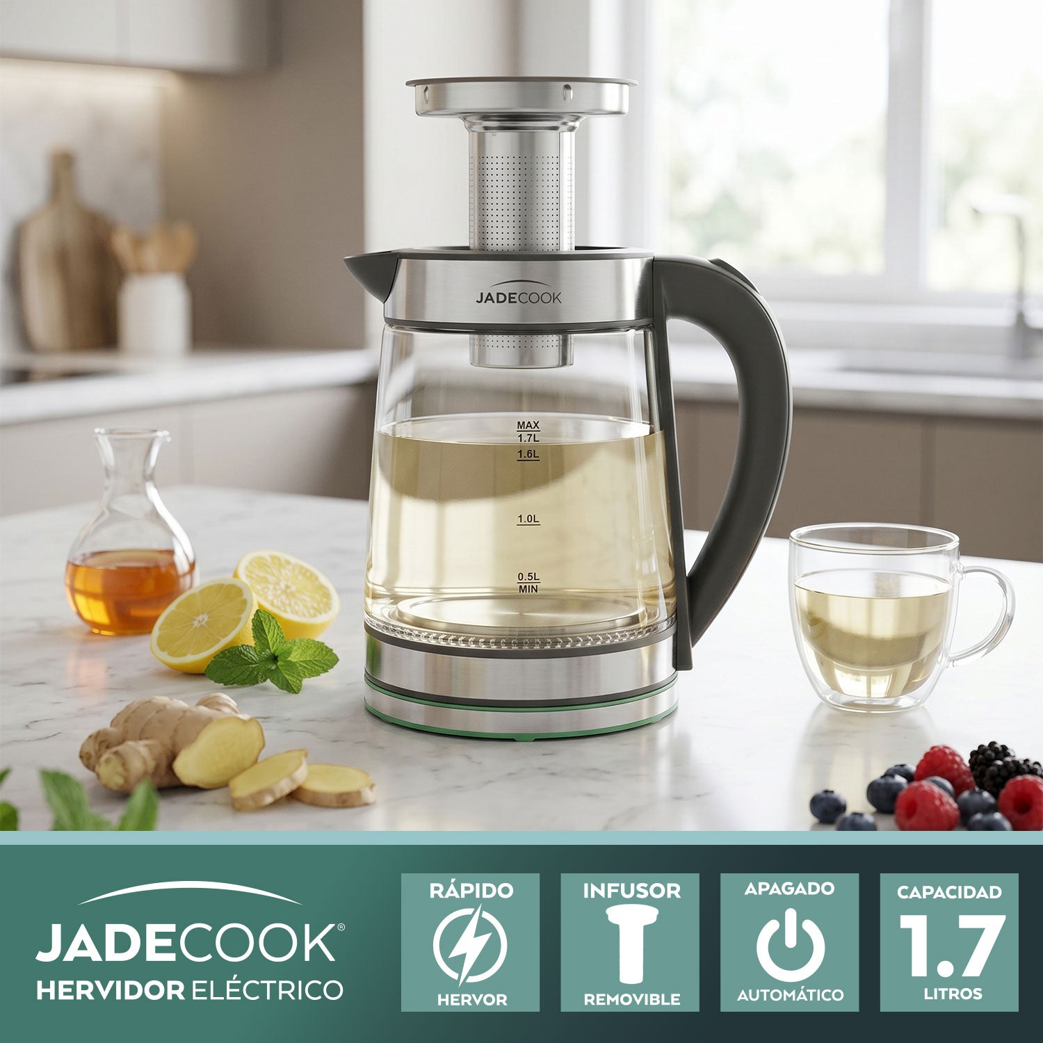 Tetera Eléctrica con Infusor Jade Cook 1.7L