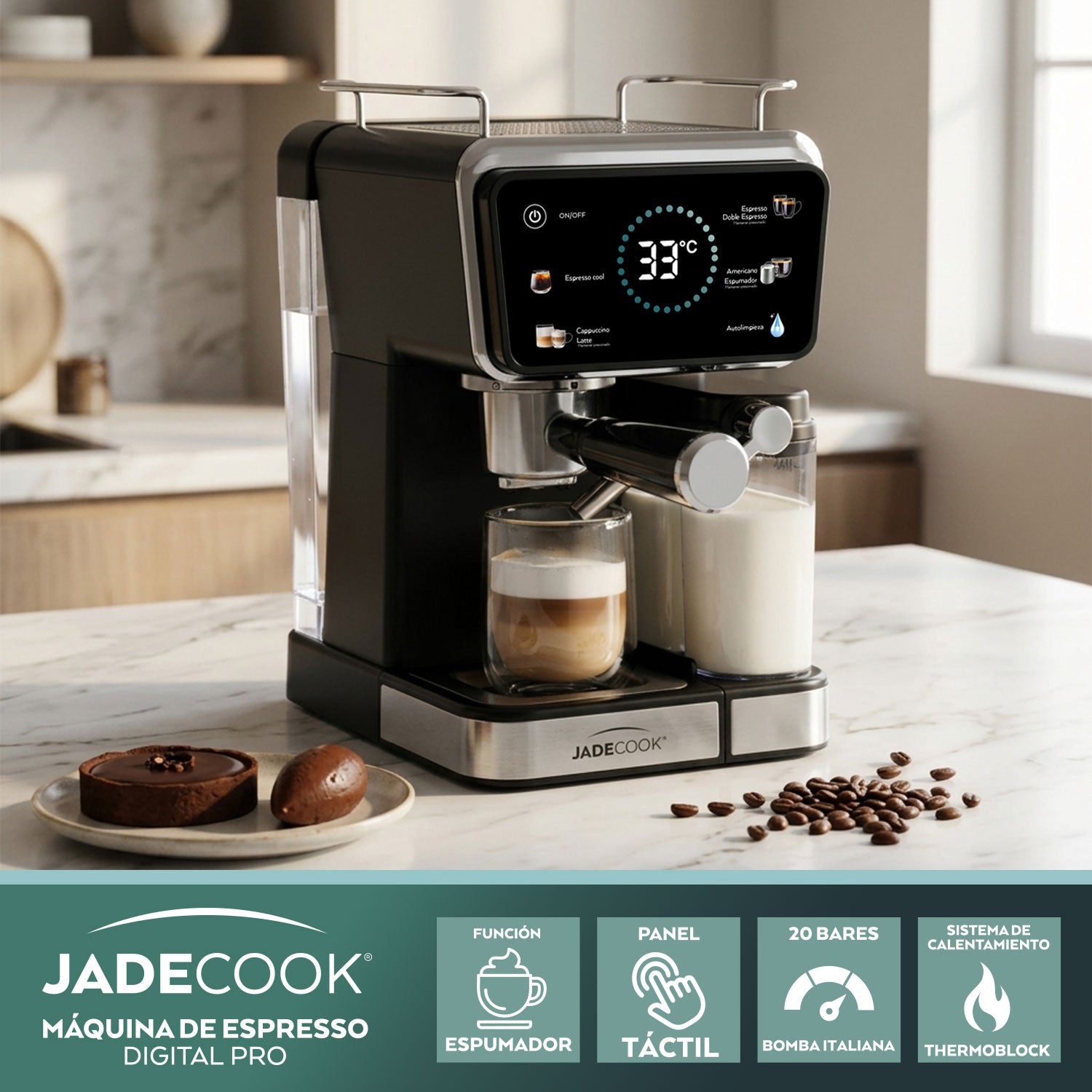 Máquina de espresso Digital Pro Jade Cook | Panel digital, espumador de leche, 20 bares de presión