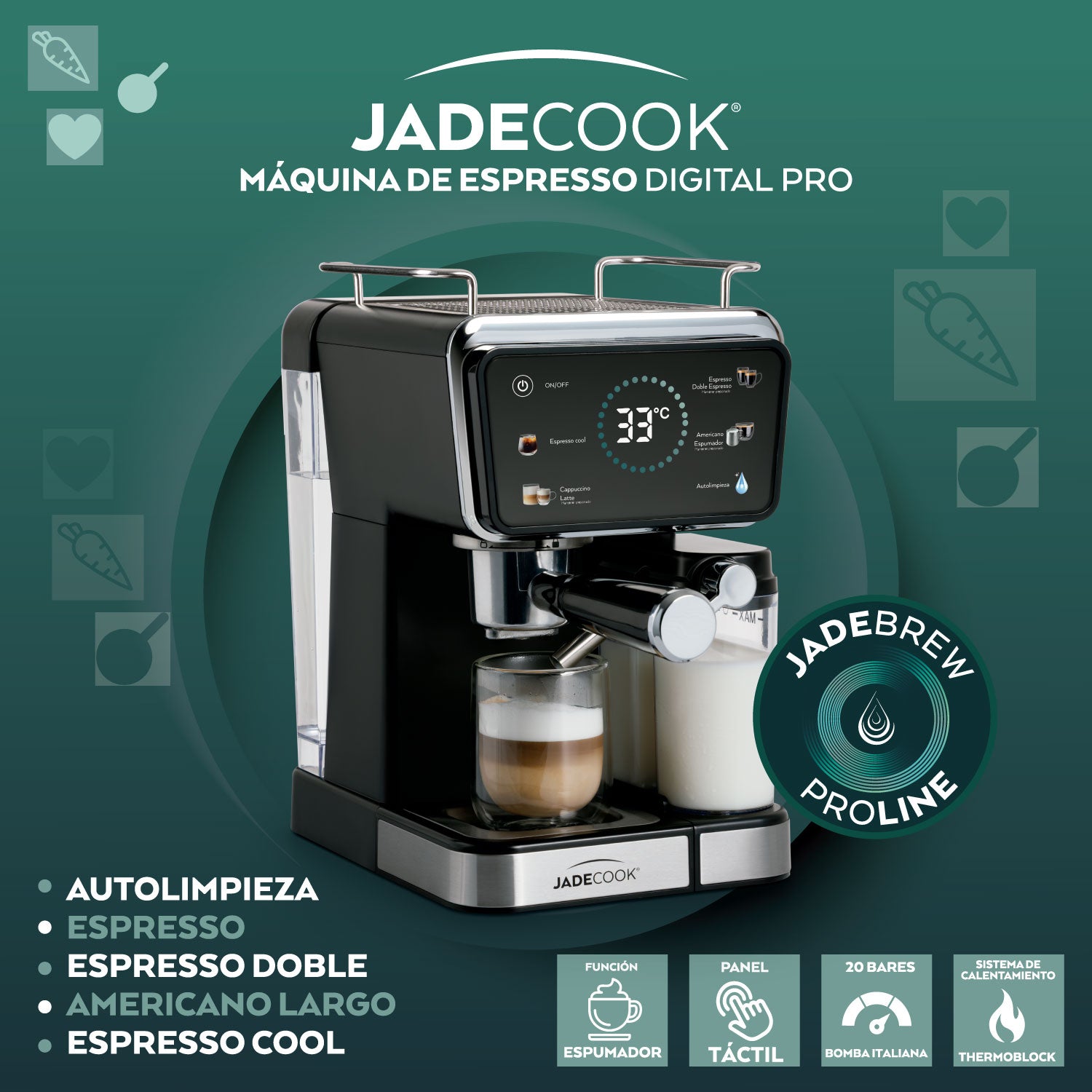 Máquina de espresso Digital Pro Jade Cook | Panel digital, espumador de leche, 20 bares de presión
