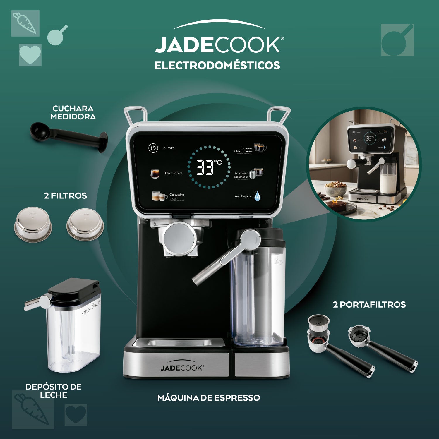 Máquina de espresso Digital Pro Jade Cook | Panel digital, espumador de leche, 20 bares de presión