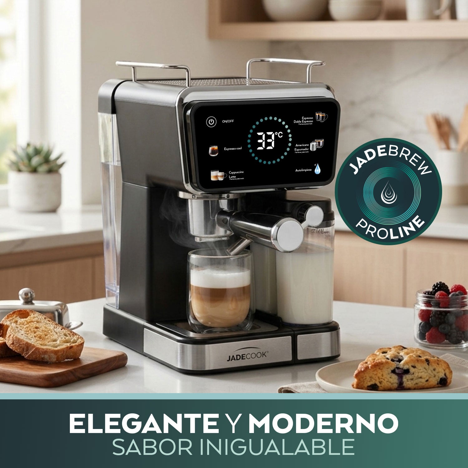Máquina de espresso Digital Pro Jade Cook | Panel digital, espumador de leche, 20 bares de presión