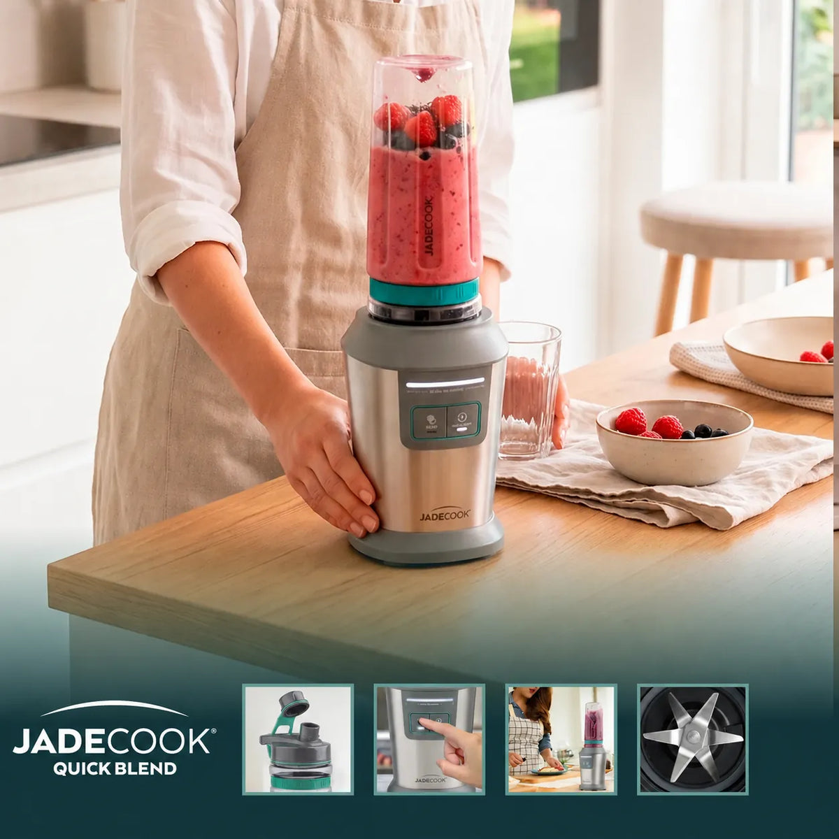 Licuadora Personal JadeCook Quick Blend 700W con Vasos Portátiles Easy Go